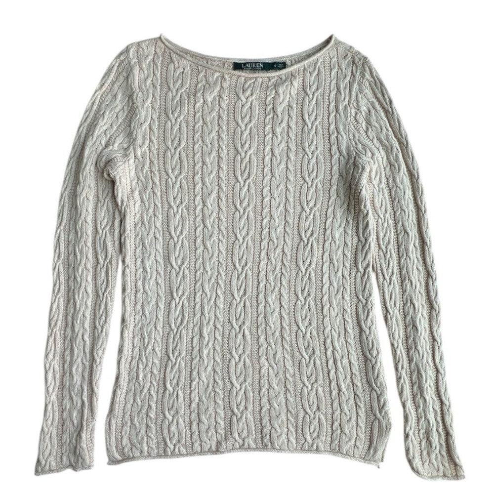 LRL Ralph Lauren Cable Knit Sweater Womens S Cream Beige Preppy Classic Cozy